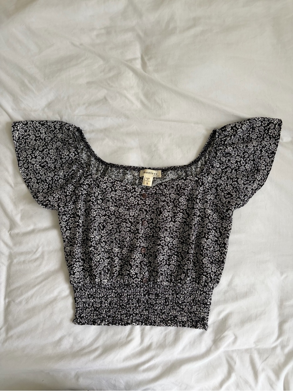 Black Floral Top with brown buttons